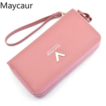 

Maycaur Double Zipper Metal Letter V Long Women Wallets Classic Solid Color Rectangle Soft PU Leather Wallet Fashion Phone Purse