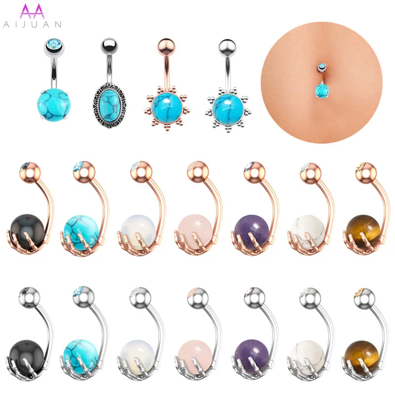 

Women Sexy Pink Purple Opal Blue Belly Button Rings 316L Surgical Stainless Steel National Stone Navel Piercing Body Jewelry