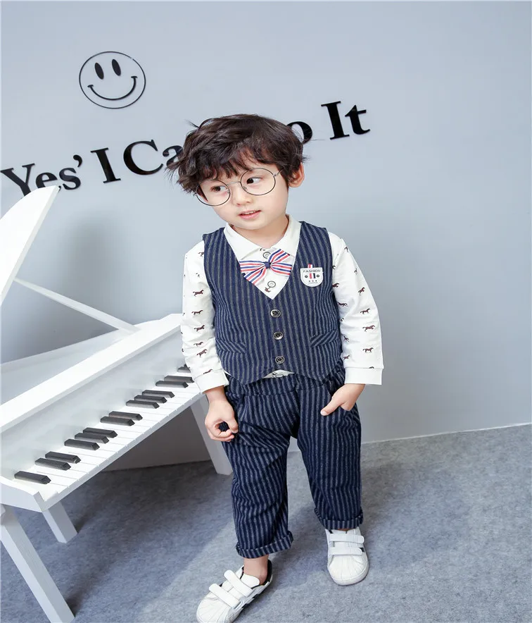 

2019 New Style Korean-style Spring And Autumn Male Baby Stripes Suit Jacket Set My Little Print Shirt Three-piece Set