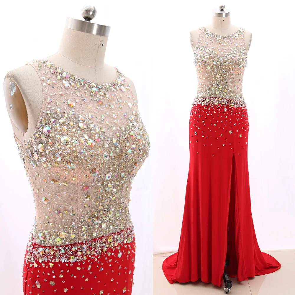 

MACloth Red A-Line O Neck Floor-Length Long Crystal Jersey Prom Dresses Dress L 266750 Clearance