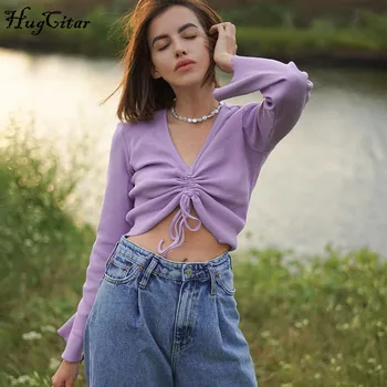 

Hugcitar 2020 Long Flare Sleeve V-Neck Ruched Bandage Sexy Crop Top Autumn Winter Women Fashion Streetwear Thirts Tees
