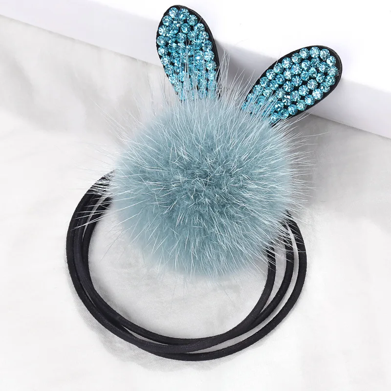 straight ears blue Новинка, Осень-зима, популярные меховые шарики, волосы на голову, стразы, уши кролика, женские волосы, эластичные резинки, оголовье для девочек - Цвет: straight ears blue