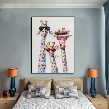 

Art Poster Colorful Oil Animal Giraffe A family With Glasses Painting Canvas Picture Canvas Printings wall Art For Kidsding Room