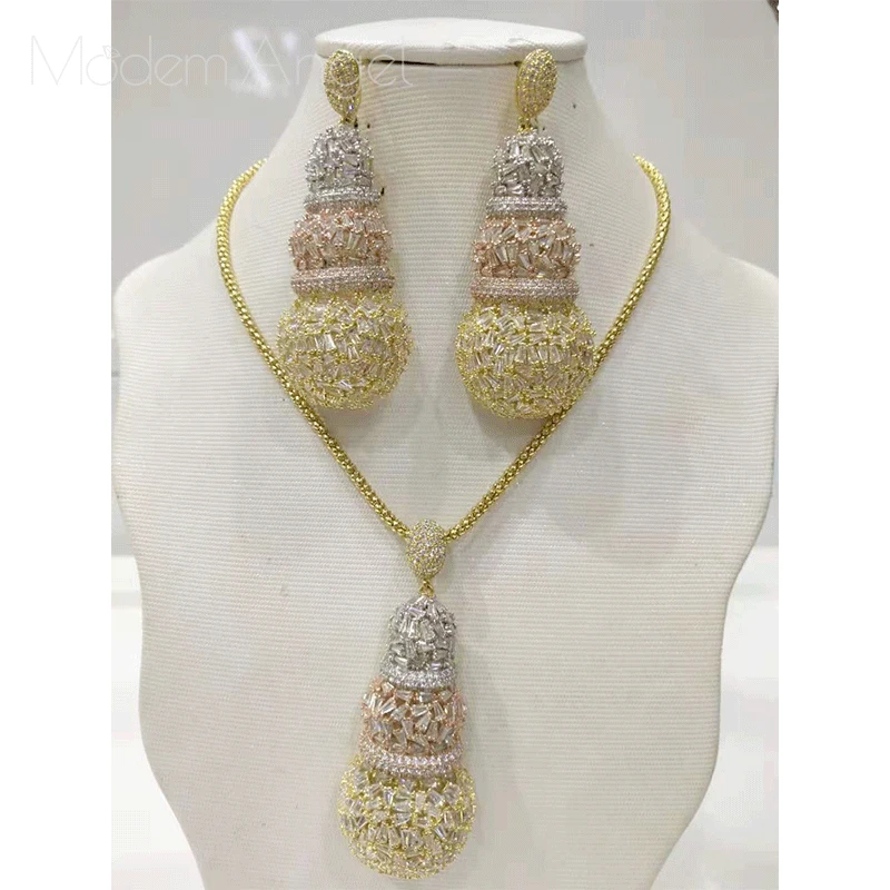 

ModemAngel Gourd Luxury Design Full Micro Cubic Zirconia African Copper Women Wedding Engagement Earring Necklace Jewelry Set