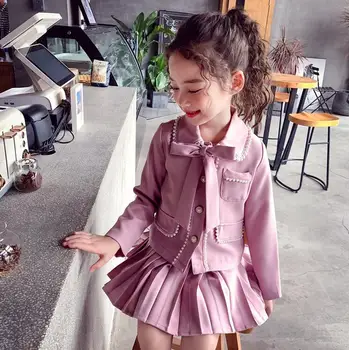 

Good quality girls' Sets 2020 Spring Beaded girls' Lapel long sleeve coat + pleated skirt Children's Sets Size 100-160cm