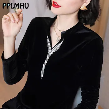 

Women Spring Long Sleeve Tassel Velvet Shirt Plus Size Slim V-neck Shirts 2020 New Casual Soft Black Blouse Fashion Wild Tops
