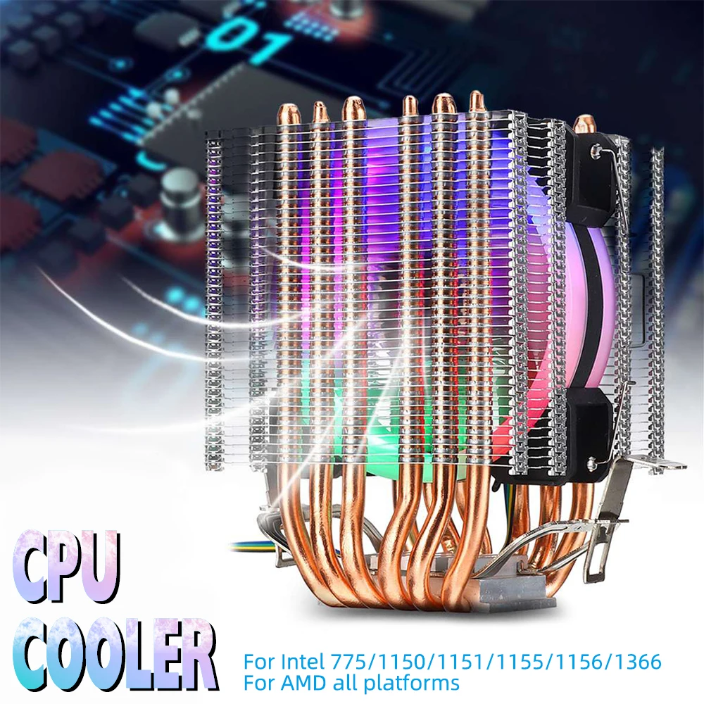CPU Fan 6 Heat Pipe CPU Cooler RGB LED Fan 4pin CPU Fan Heatsink Quiet for Intel 775/1150/1151/1155/1156/1366 for AMD All