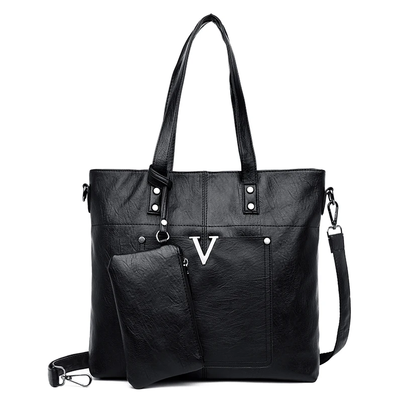 Роскошная кожаная женская сумка прочная натуральная кожа женская сумка на плечо большая Вместительная женская сумка кожаная повседневная сумка-тоут - Цвет: Черный