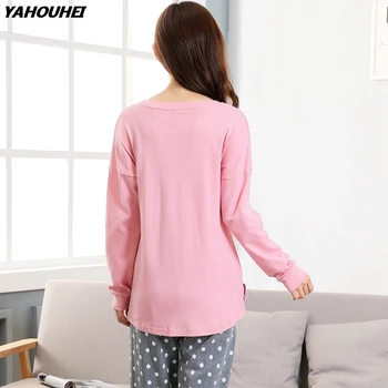 

Cotton Pajama Sets For Women 2019 Autumn Long Sleeve Pyjama Cute Cartoon Sleepwear Lounge Polka Dot Pants Homewear Home Clothing