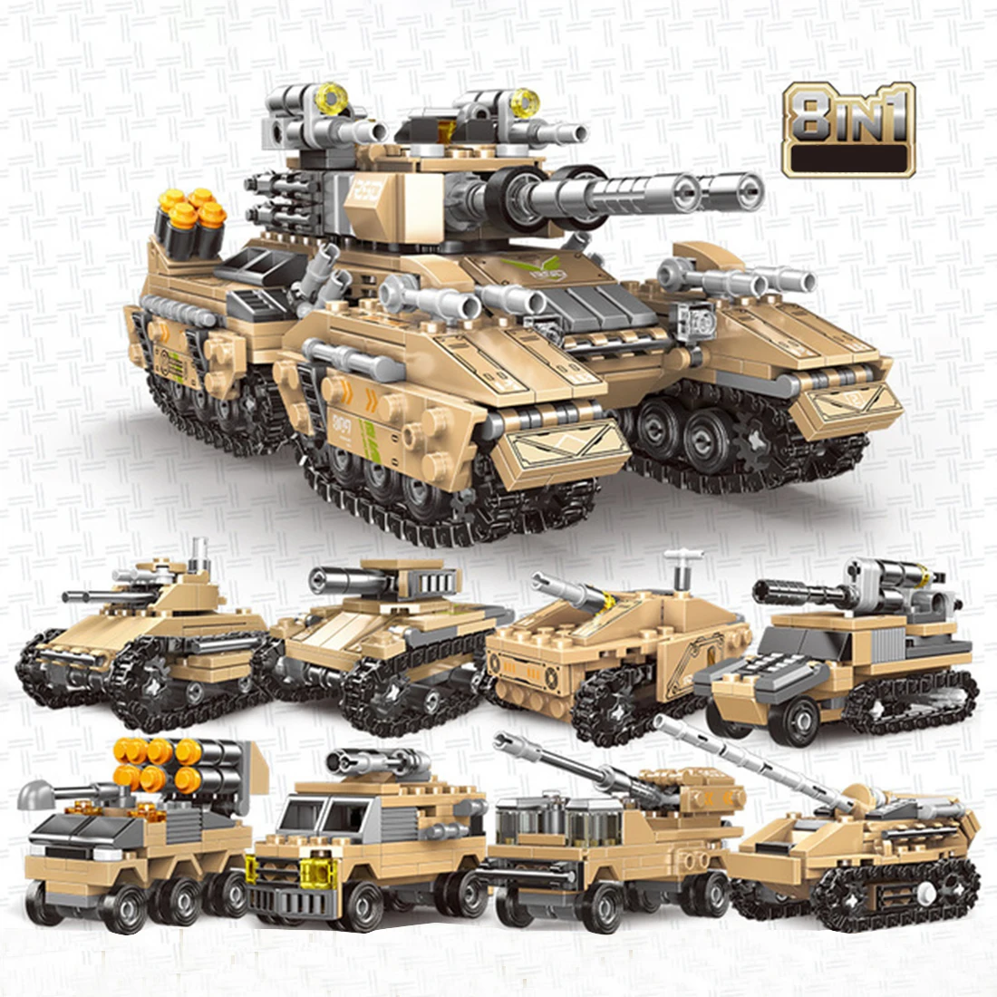 

1048Pcs 8-In-1 Emperor Tank Small Particle Building Block Educational Toy Set