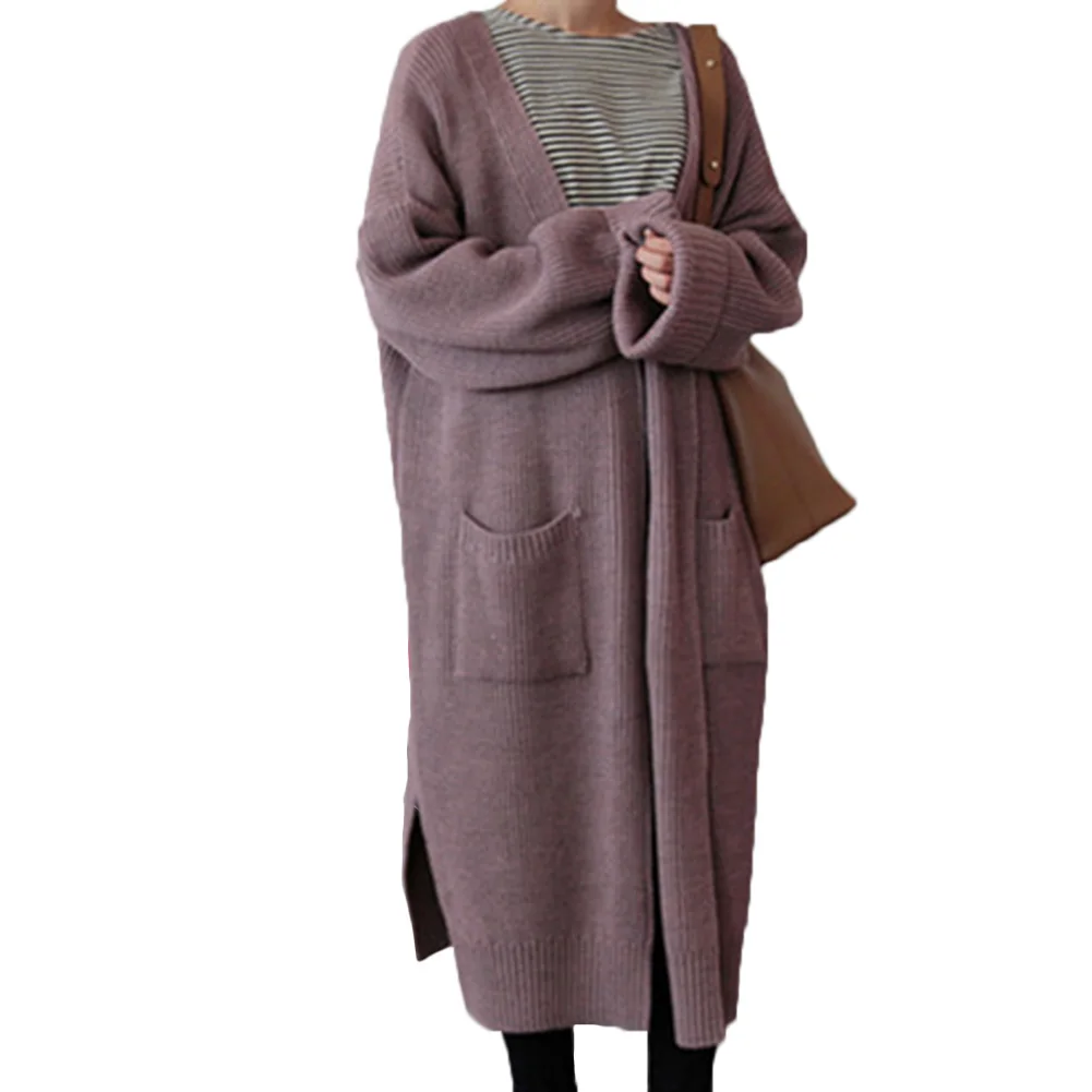 

Women Open Front Long Sleeve Knit Sweater Medium Long Curled Solid Color Coat XRQ88
