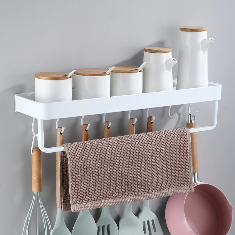 White / Black Kitchen Storage Rack Shelf Spice Bottle Rack Space Aluminum Multi-function Shelf Towel Bar Hook storage rack towel bar