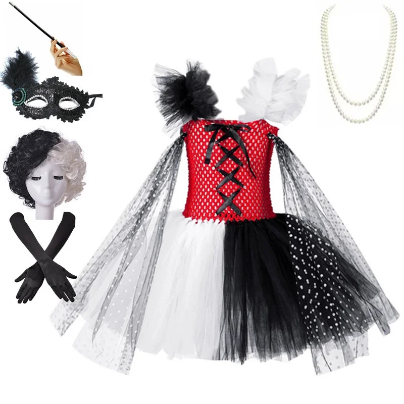New Halloween Child Cruella Costume Masquerade Party Girls Nero Bianco Tutu Dress Copricapo Carnevale Bambini Cruella Parrucca Maschera Di Pizzo
