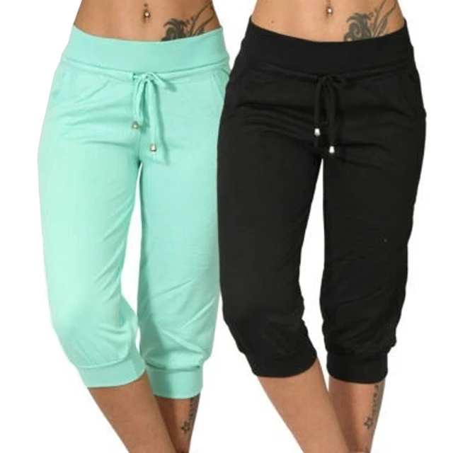 Women Casual Solid Color Low Rise Drawstring Pockets Sports Capri Pants  High Waist Pants Streetwear Casual