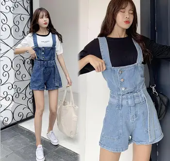 

Playful, aging, high waisted, small, slim, sweet, college style, jeans, suspenders, women's jumpsuit, shorts, summer