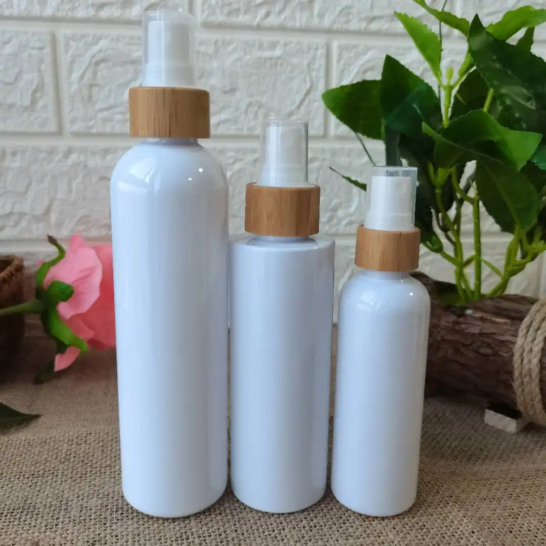 White Plastic Refillable Bottles With Bamboo Pump Lid Portable Empty Cosmetic Spray Container Shampoo Lotion Travel Cream Jars