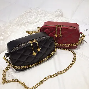 

2020 New Lady Double Metal Chain Mini Crossbody Shoulder Bag Dairy Fashion PU Leather Small Square Message Purse