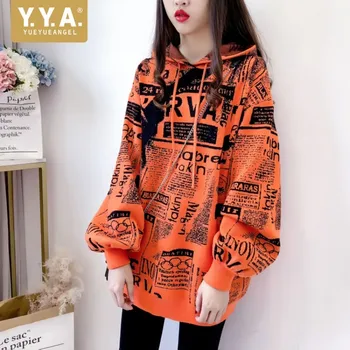 

Personality Letter Printed Womens Medium Length Long Sleeve Sweaters Autumn New Loose Fit Streetwear Female Hooded Pullovers