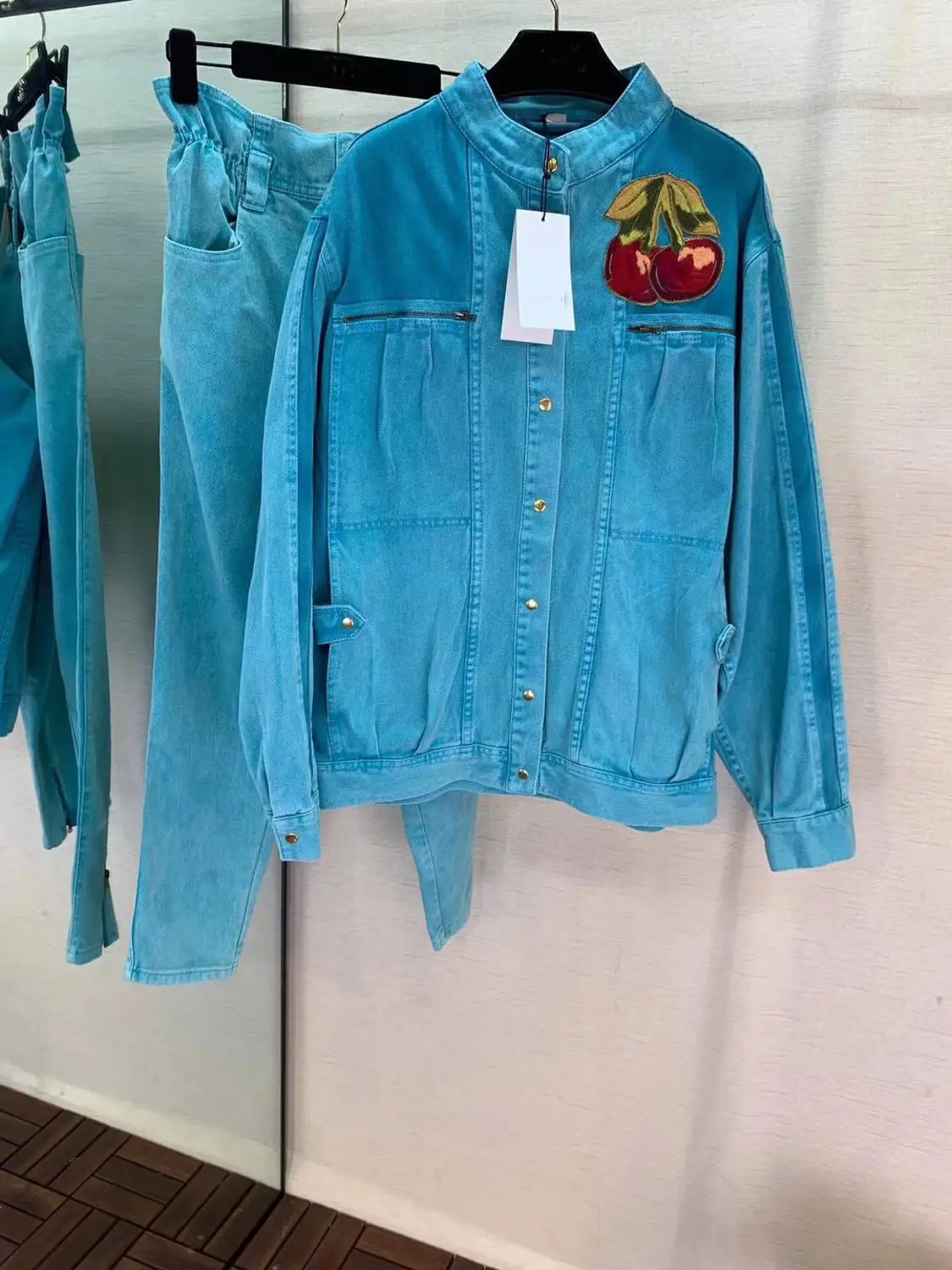 

2019 Blue Denim Women's Sets High quality autumn winter Runway Fashion 2 Piece suit Women button jacket pant sets
