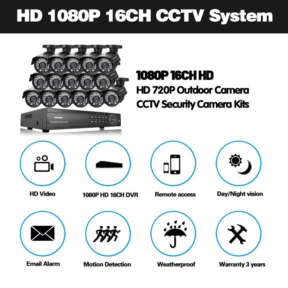 NINIVISION HD видеонаблюдение 16CH CCTV система AHD-H 1080P DVR 16 шт AHD 720P камера CCTV комплект безопасности HDMI 1080P