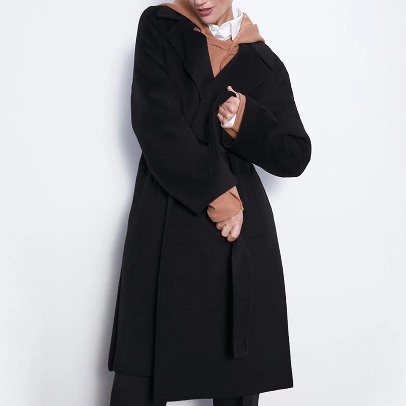 ZA женское нейлоновое пальто, три цвета, классические модели, с разрезом, украшение в виде вилки, одноцветное, зимнее, с отворотом, с длинным рукавом, шерстяное пальто