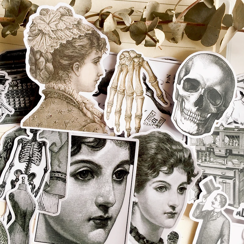 

9Pcs/Set Vintage Black White Girl Skull Sticker DIY Craft Scrapbooking Album Junk Journal Happy Planner Decorative Stickers