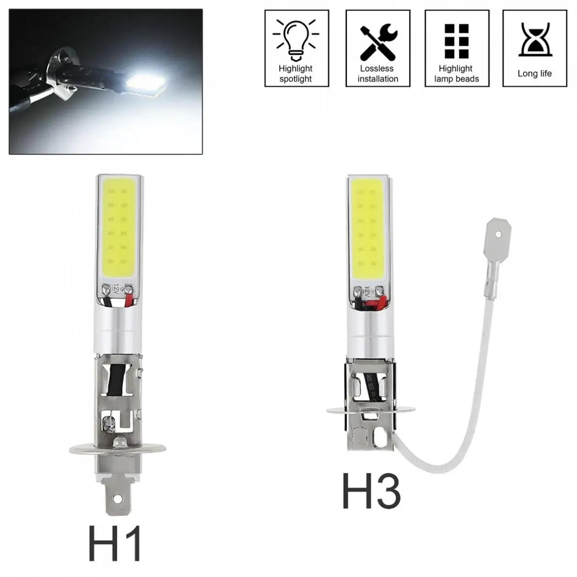 

H1 H3 Canbus Super Bright LED Bulb Car Fog Light Headlight COB 12V 6000K Running Light Auto Motorcycle Lamp