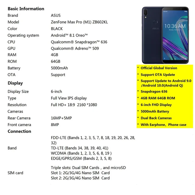 Global Asus Zenfone Max Pro M1 Zb602kl 4g Mobile Phone Dual Sim 6.0" 4gb Ram  64gb Rom Octa Core Ota Upgrade 5000mah Smart Phone - Mobile Phones -  AliExpress