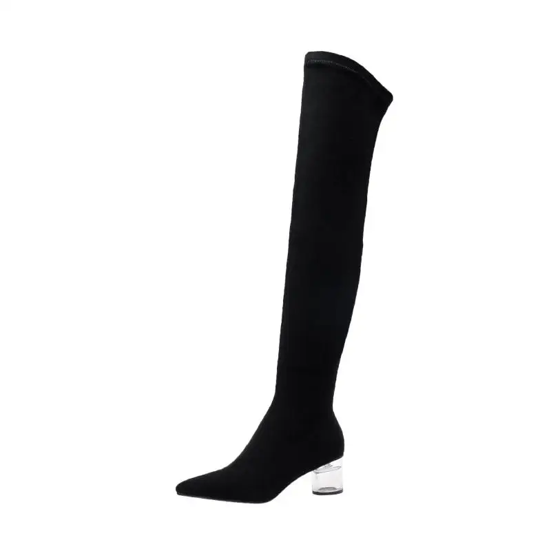 MNIXUAN; модные носки; женские ботфорты; Новинка года; замшевые высокие сапоги с острым носком на прозрачном каблуке со стразами; Большой размер 42 - Цвет: Black long boots