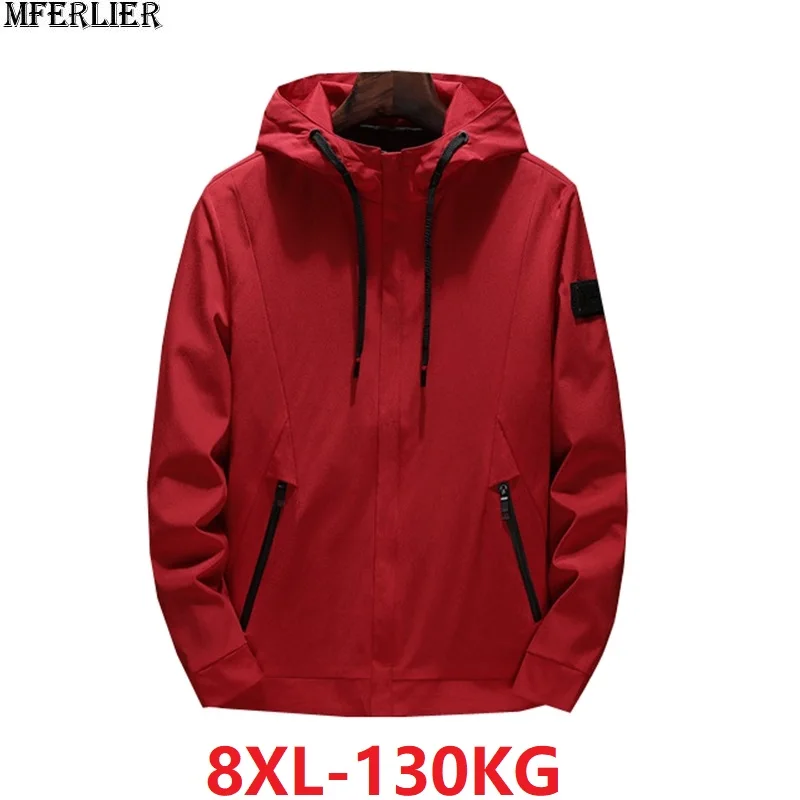 Мужские высокие куртки в уличном стиле с капюшоном плюс размер 5XL 6XL 7XL 8XL пальто на молнии Простые Спортивные куртки осенние свободные куртки Красный 56
