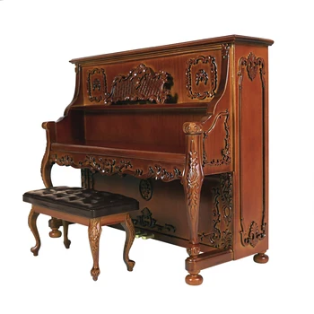 

New 1:6 dollhouse miniature Mini musical instrument wood carving engraved pattern Piano with stool model kids collectible Gift