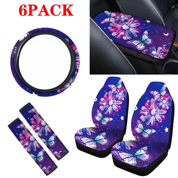 

Flower Printing Universal car seat cover+Safety belt cover+Car center armrest cushion+Steering wheel covers for Cars Trucks,Purp
