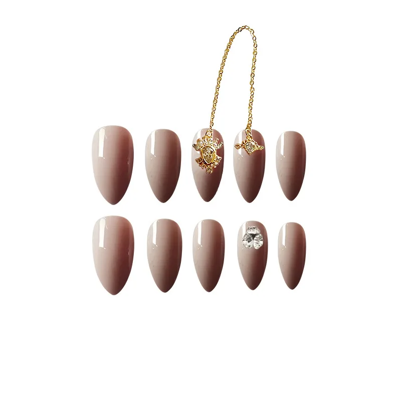 Nusx Luxurious Design Glitter Crystal Fake Nails With Gold 3D Pendant Chain Girls Fake Nail Art 5
