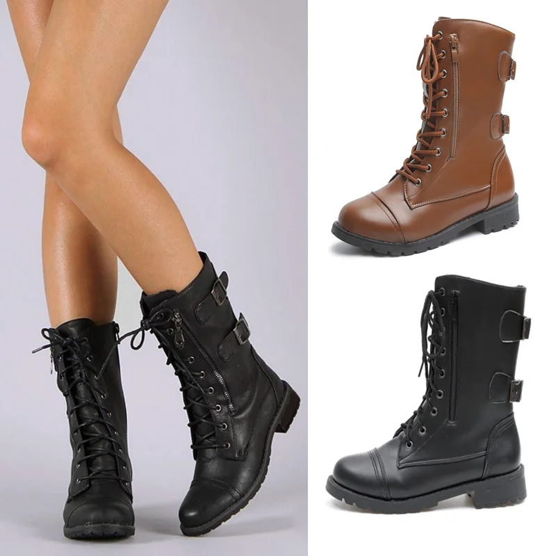 

Women Lace Up Boots Winter Motorcycle Round Toe Boots Casual Ladies Zipper Mid Calf Boots 2019 Buckles Leather botas mujer D25