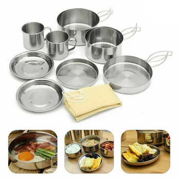 

8pcs Outdoor Camping Hiking Cookware Non-Stick Picnic Cooking Bowl Pot Pan Set Stainless Steel Stacking Pots Hiking Picnic Pot