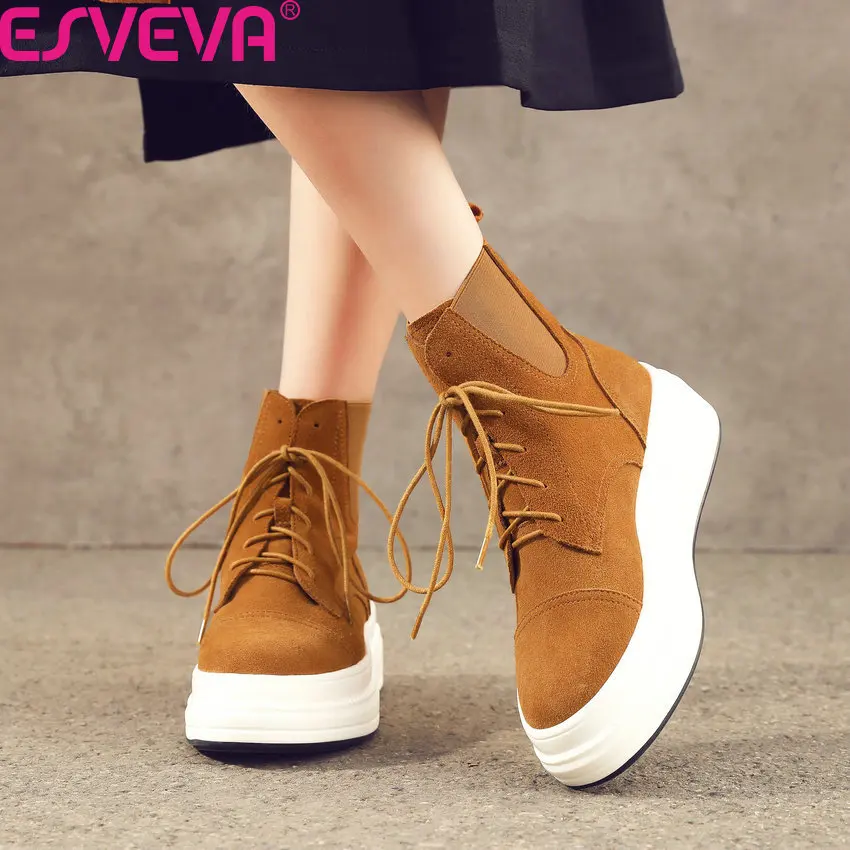 

ESVEVA 2020 Casual Round Toe Cow Leather Autumn Winter Ankle Boots Fashion Platform Wedge Heel Lace Up Women Shoes Size 34-40