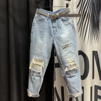 

Rhinestone Jeans Women's Spring New High-Waist Skinny Cropped Dad Ripped Harem Pants Denim Pants Ladies Streetwear Loose Jeans