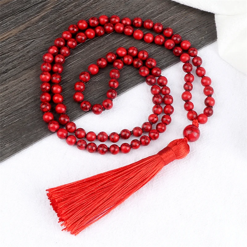 Collar largo anudado de piedra Natural roja para hombre y mujer,  Gargantilla de Yoga con borla hecha a mano, abalorio de 6mm, 108  cuentas|Collares colgantes| - AliExpress