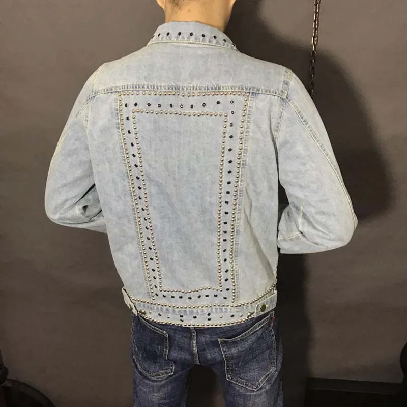KIOVNO Men Punk Rivet Denim Jackets With Rhinestone Fashion Style Jeans Jackets Outwear Male Multi Pockets Size S-4XL (14)