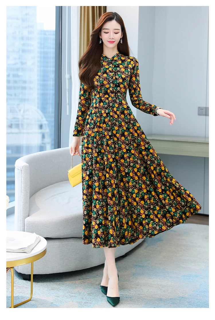 2021 Autumn New Arrival Hot Sale Stand Collar Flower Printed Long Sleeve Knitting Cotton A-LINE  Mid-Calf  Long Dress