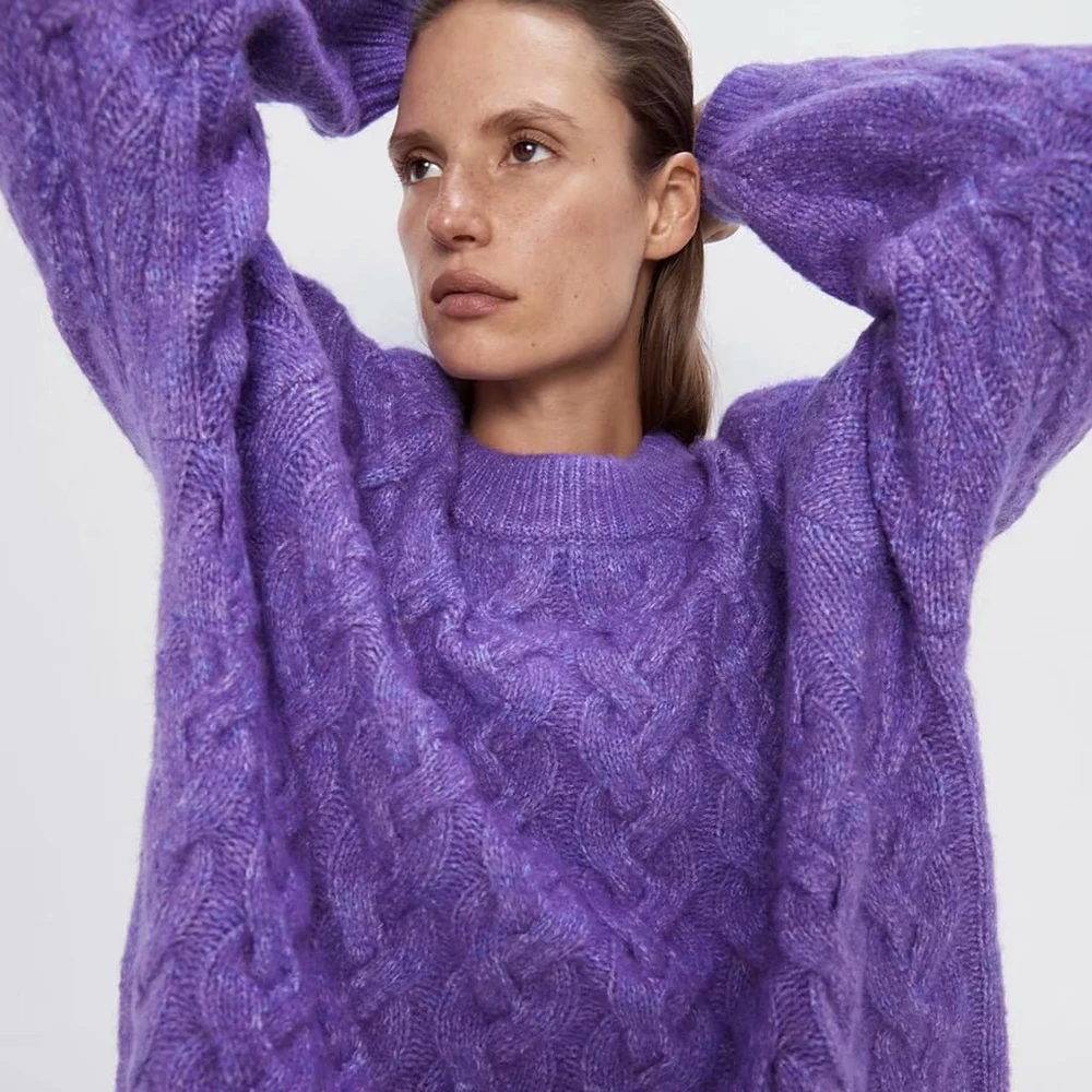2019 ZA Knitted Oversized Sweater Winter Women Eight-Strand Weaving Pullover Round Collar Long Sleeve Wholesale | Женская одежда