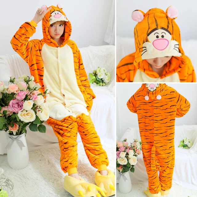 Women Unicorn Totoro Panda Onesies Unisex Winter Men Bear Onesies Kids Nightwear Anime Cosplay Costume Flannel Sleepwear Pajamas Tiger