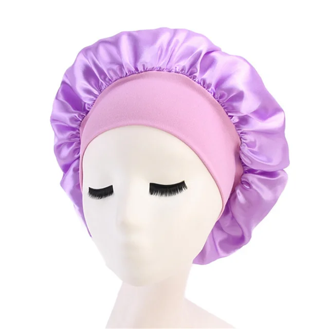 Newly Women's Satin Solid Sleeping Hat Night Sleep Cap Hair Care Bonnet Nightcap For Women Men Unisex Cap Bonnet De Nuit Light purple