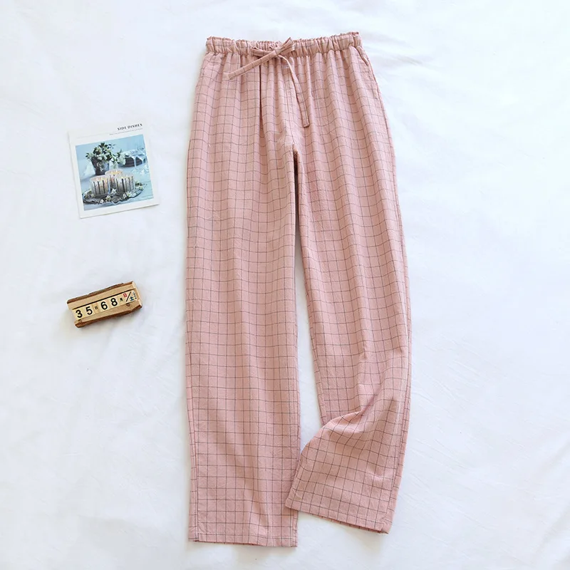couple Washed Cotton Trousers Thin Men And Women Home Pants Elastic Waist Sleep Bottoms Plaid Lounge Pants Home Sleepwear 2021_ecoleips.com