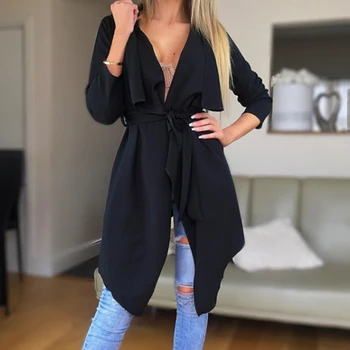 

Windbreaker Women Coat Irregular Hem Tops Clothes With Lapel Lady Trench Coat Loose Sashes Cardigan Tops For Autumn