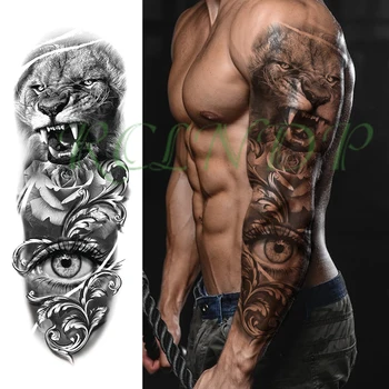 

Waterproof Temporary Tattoo Sticker lion sharp teeth rose flowers big eye full arm large fake tatto flash tatoo for men women