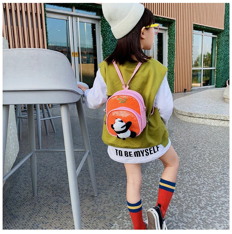 Mini PU leather Crossbody Bag for Little Girls Sequin Gillter School Handbags Teenagers Cute Panda Plush Backpack Pink Black Red (13)
