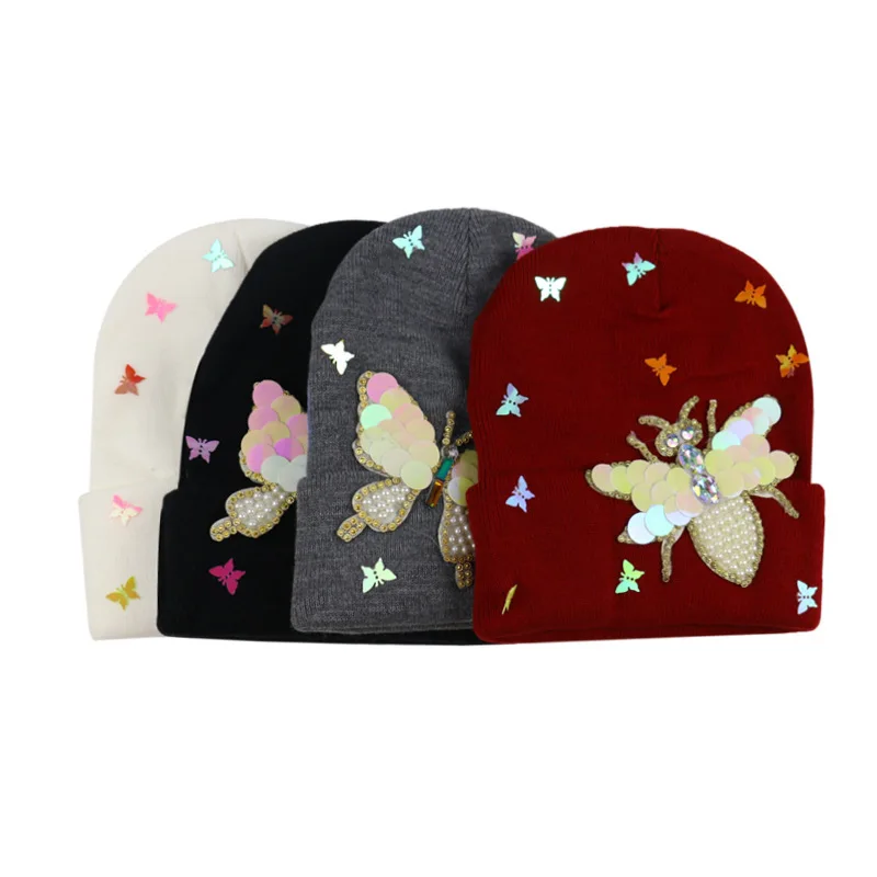 

European and American hot selling colorful butterfly bee scale knitted hat men and women warm personality cap wholesale