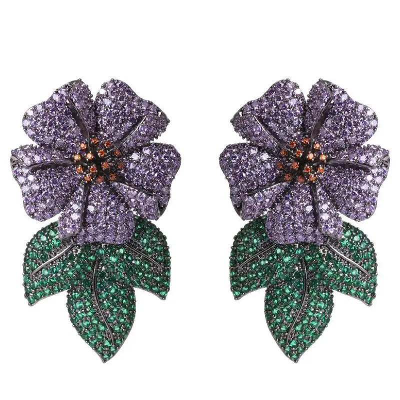 

CIZEVA S Earrings for Female High Quality AAA Zircon Big Flower Leaf Stud Earring Vintage Engagement Bridal Jewelry