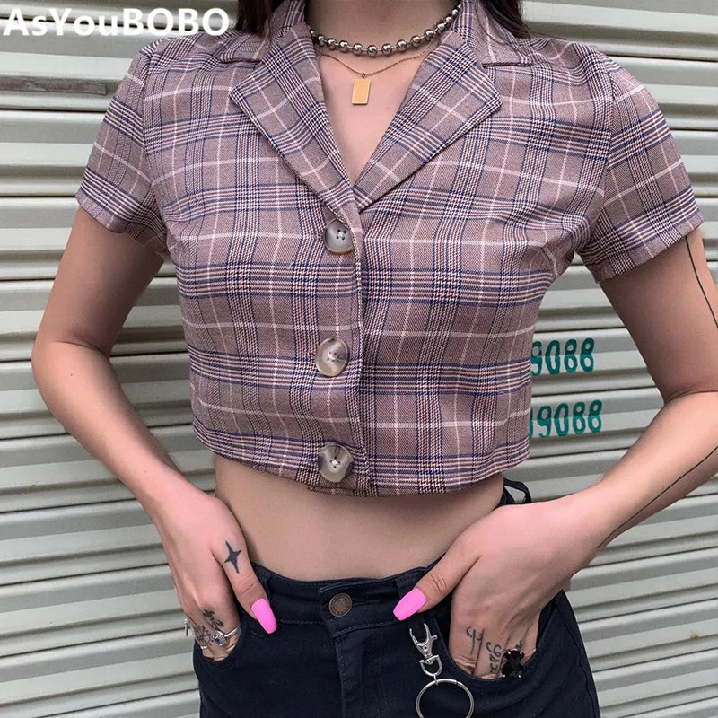 Harajuku Винтаж ins Горячая Англия Стиль плед v шеи bottons однобортный короткий рукав укороченный Топ тройник YQ-1074